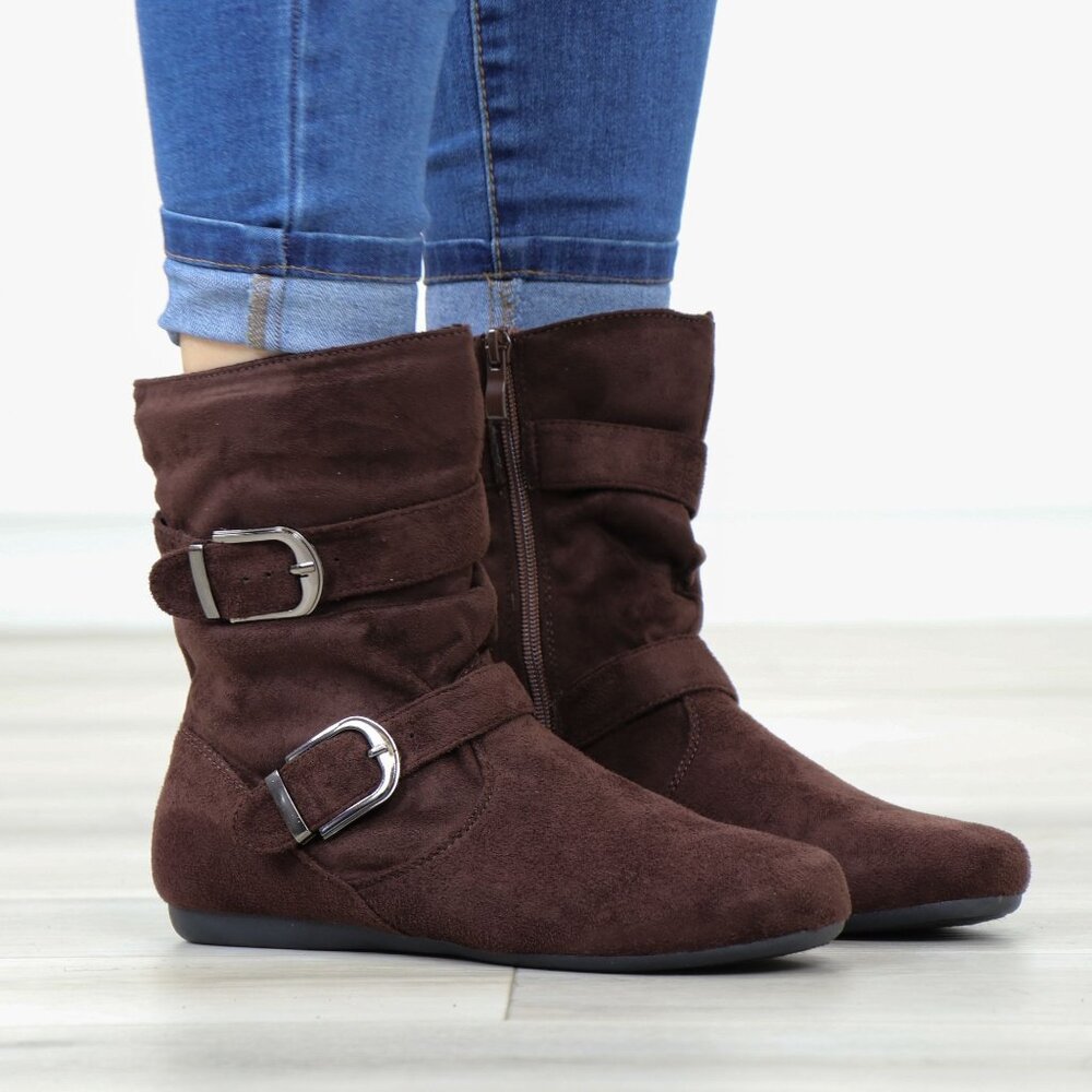 Brown Suede Buckle Boots  Flat Sole Slouchy Fit Everyday Fall Style - Picture 2 of 14